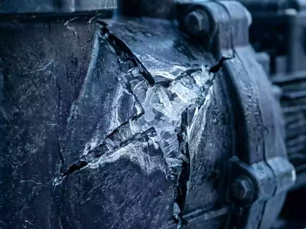 Cracked plastic with ice crystal