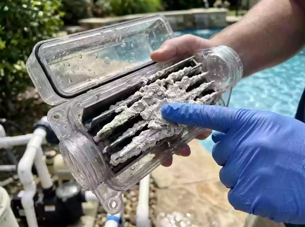 thick rough white calcium scaling