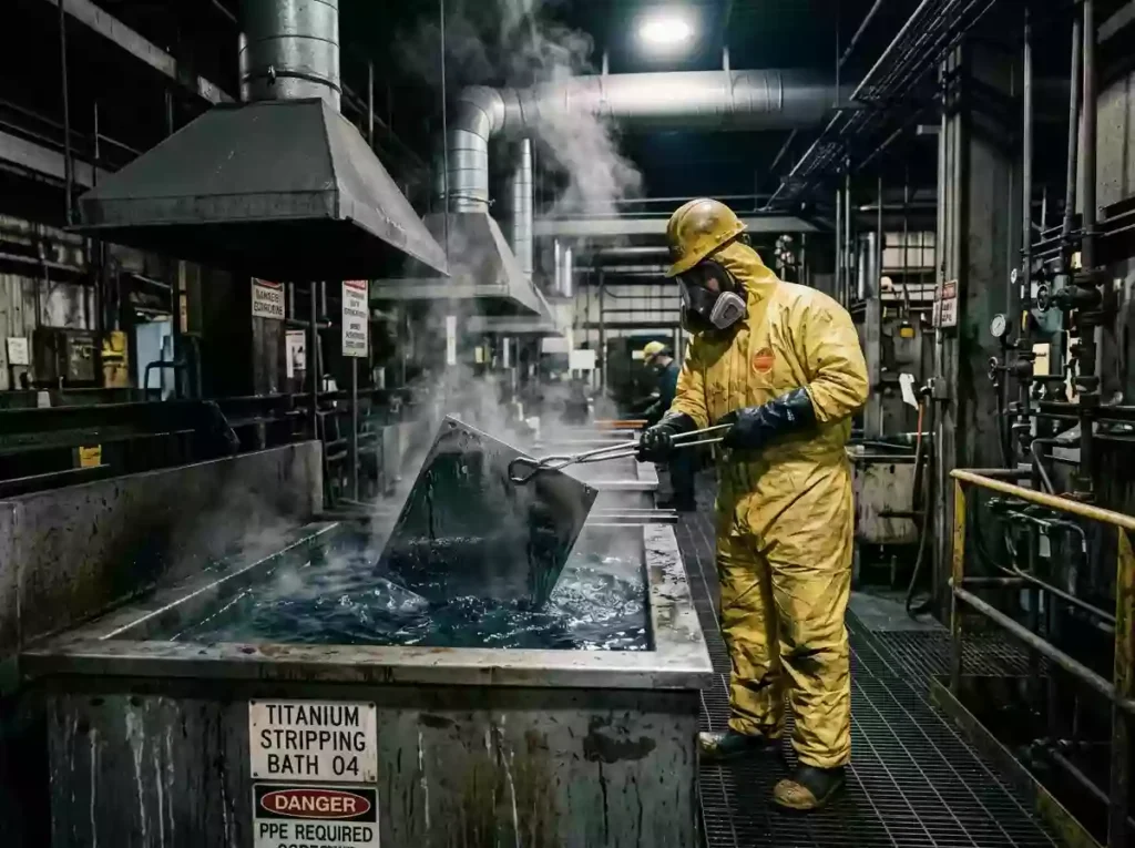 Strong acid chemical cleaning of old titanium electrodes