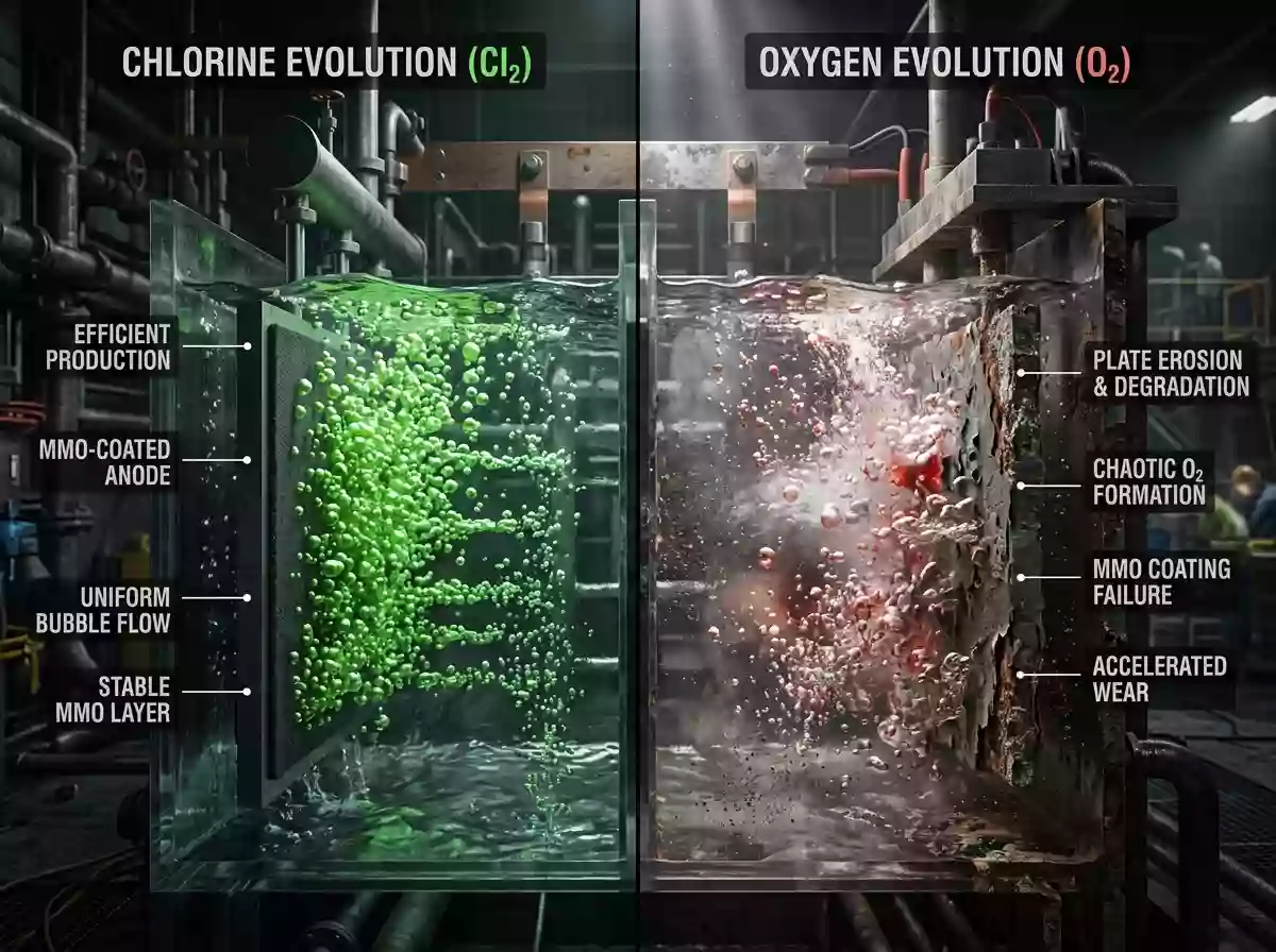 chlorine vs oxygen evolution titanium anodes